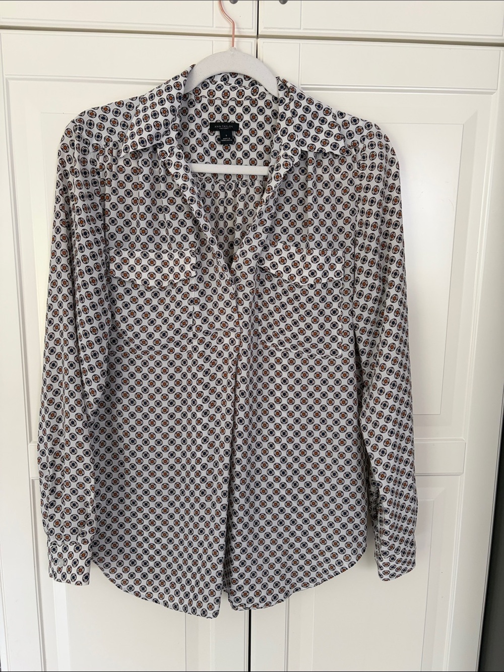 Ann Taylor White Blouse with Black and Brown Geometric Print